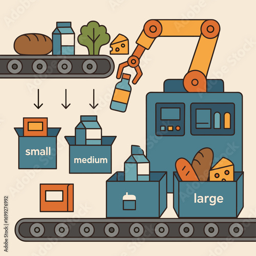 Automated packaging system with robotic arm sorting groceries on conveyor belts