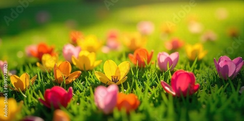 Close-up view of vibrant, colorful flower petals scattered on lush green grass, bathed in soft sunlight A perfect depiction of springtime beauty and natural vibrancy , beautiful, outdoor scene
