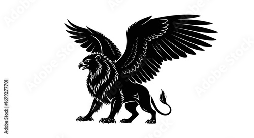 Majestic black griffin with wings spread wide on white background