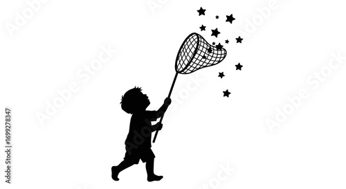 Silhouette of a child catching stars with a net