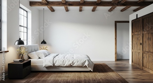 温かい日差し降り注ぐ、広々とした寝室 白い壁と木製の床が調和 快適な空間. AI Generated