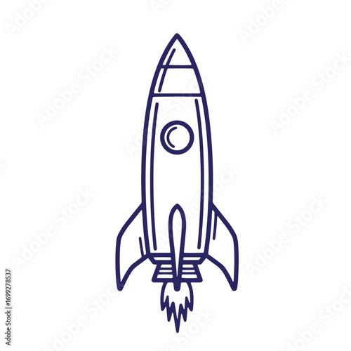 Simple blue outline illustration of a rocket ship taking off on a white background