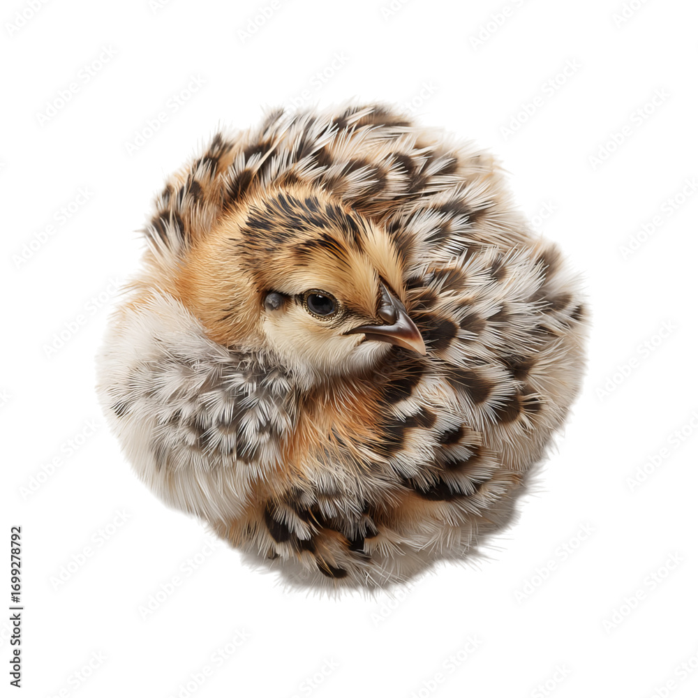 Obraz premium A charming fluffball of a chick with soft, beige and brown feathers, showcasing its adorable round shape.
