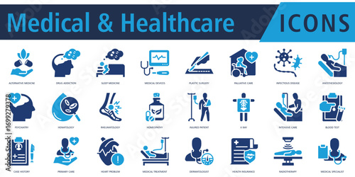 Medical Healthcare Icon Set Glyph Duotone with alternative medicine, drug addiction, sleep medicine, medical devices, plastic surgery, palliative care, infectious disease

