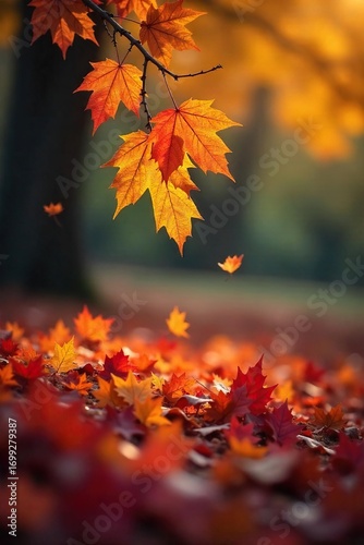 Golden leaves gently drift from a bare autumnal branch, falling onto a bed of vibrant crimson and russet foliage A peaceful scene of nature's seasonal transition , earth, red leaves