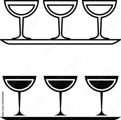 Three empty wine glasses on a tray in outline and silhouette styles