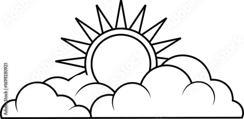Simple line drawing of the sun rising behind clouds