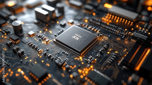 Close - up of a High - tech Printed Circuit Board with Central Chip