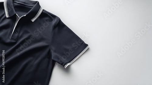 A navy short-sleeve polo shirt with ribbed details, showcasing classic casual wear.
