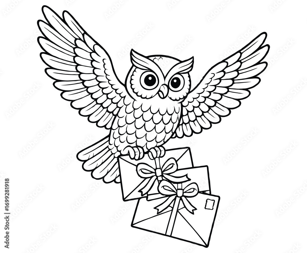 Obraz premium Owl Delivering Christmas Letters by Holiday Coloring Page