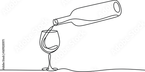 Minimalist single line drawing of wine being poured from bottle into glass