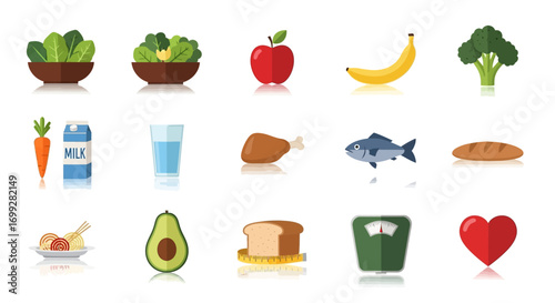 Assortment of Healthy Food Icons Depicting Fruits, Vegetables, and Protein Sources.