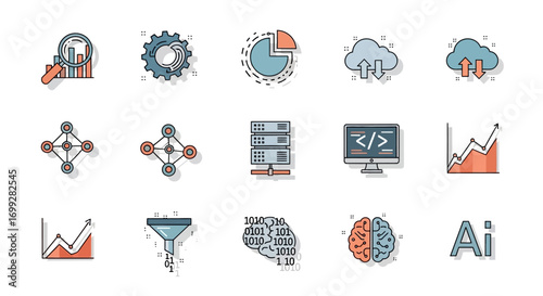 Modern Data Analysis and Artificial Intelligence Icon Set with a Dotted Shadow Style.