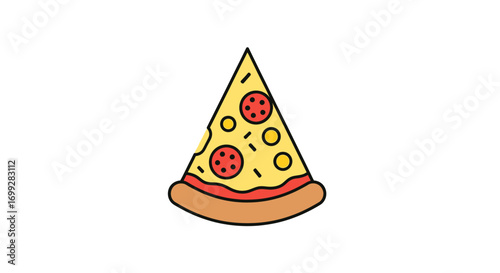 A colorful cartoon illustration of a single slice of pepperoni pizza with melted cheese and a thick crust.