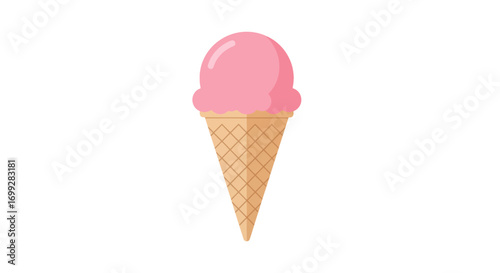 Simple cartoon illustration of a single scoop of pink strawberry ice cream on a textured waffle cone.