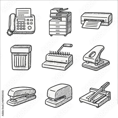 Hand drawn office equipment icons on gray background