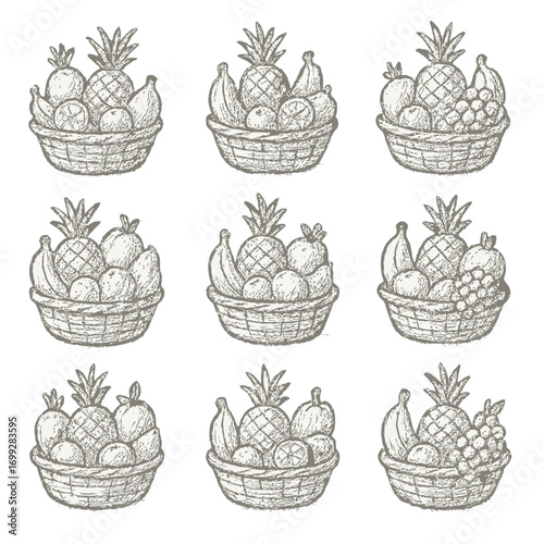 Hand drawn fruit baskets with pineapples and bananas in chalk sketch style