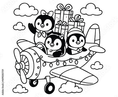 Penguins Flying Christmas Plane with Gifts – Holiday Coloring Page