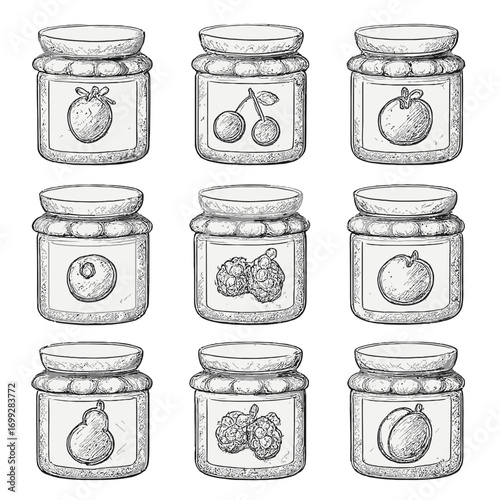 Hand drawn jars of fruit jam in sketch style on dark background
