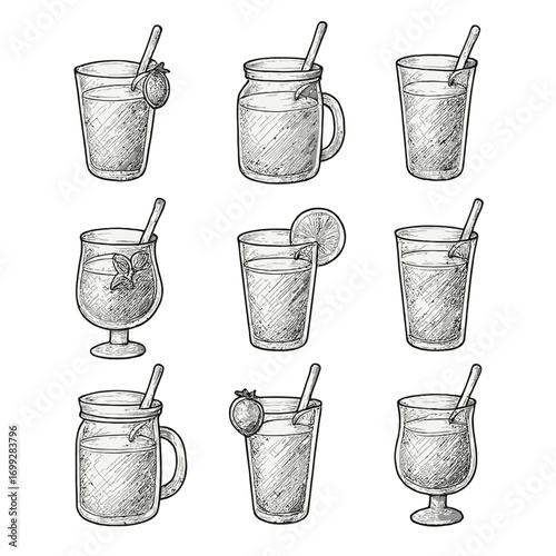 Vintage chalkboard style drinks collection with assorted glasses and garnishes