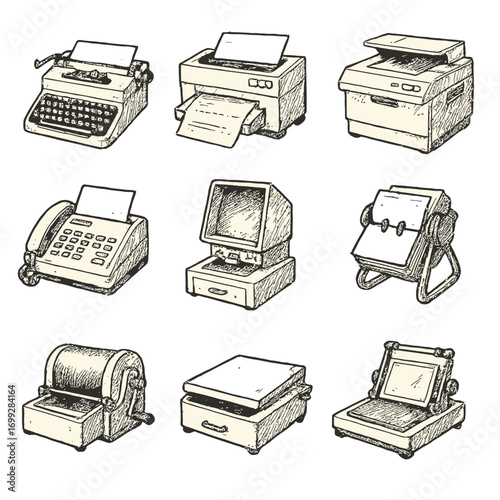 Vintage office equipment icons in hand-drawn sketch style on gold background