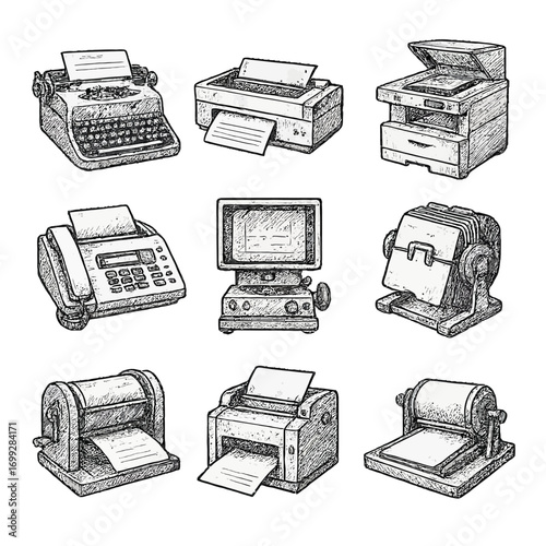 Vintage office equipment sketches: retro style typewriter, fax, printer, and more