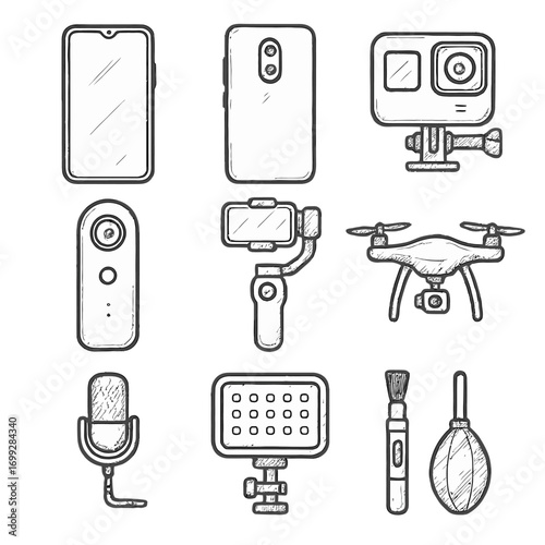 Hand drawn technology gadgets: cameras, drones, smartphones, and accessories