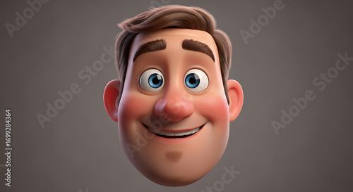 A cartoon-style rendering of a man's head smiling with rosy cheeks and light brown hair, set against a neutral background.