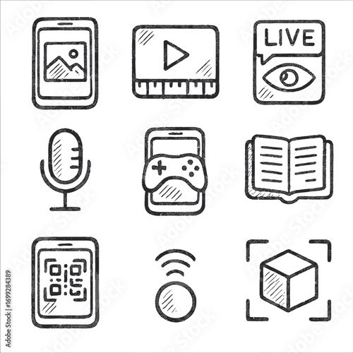 Hand-drawn media icons: interactive and engaging entertainment elements