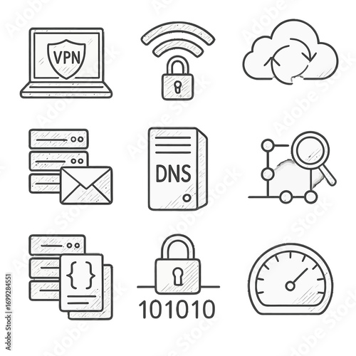Chalk-style network security and technology icons on black background