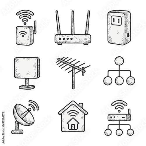Hand-drawn wifi and network icons on chalkboard background