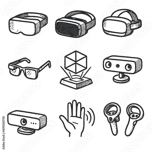 Hand drawn virtual reality gadgets and accessories on chalkboard background