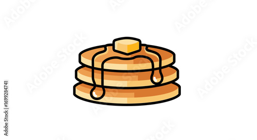 Cartoon illustration of a stack of three golden pancakes with melting butter and dripping syrup.