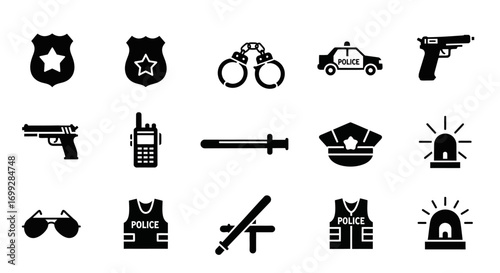 A set of black solid glyph icons representing police and law enforcement equipment, including badge, gun, handcuffs, car, and vest symbols.