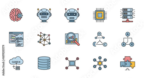 A collection of colorful filled-outline icons representing artificial intelligence, machine learning, data science, and modern technology concepts.
