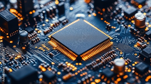 Close - up of a Circuit Board with Central Chip and Electronic Components