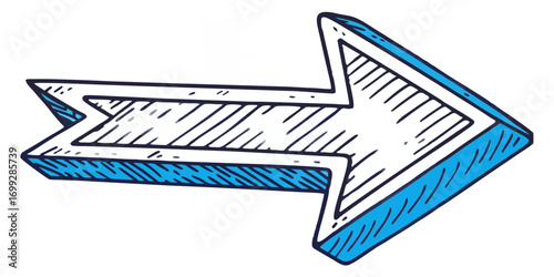Hand-drawn 3D arrow illustration pointing right in a blue and white sketch style. A doodle graphic symbol for direction, navigation, and pointer concepts isolated on white