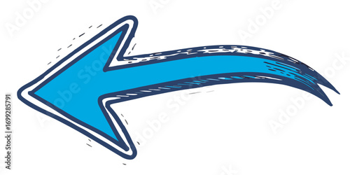 Vibrant blue arrow pointing left, hand-drawn with energetic lines and a dashed outline, suggesting direction and movement, perfect for design and presentation elements