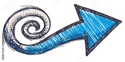 Abstract swirly arrow pointing upwards, representing direction, progress, and upward movement with a hand-drawn, sketchy texture
