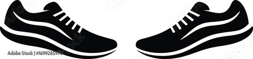 Pair of black running shoes with white laces on white background