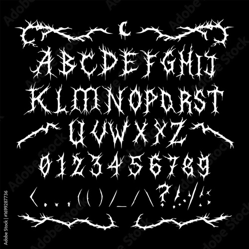 A gothic thorn-style font set featuring uppercase letters, numbers, and symbols. The sharp, spiky design creates a dark and edgy aesthetic.