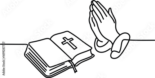 Minimalist line drawing of open bible with cross and praying hands