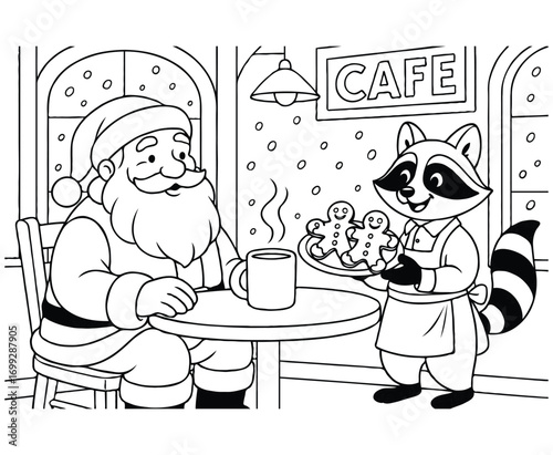 Santa at Café with Raccoon Waiter Serving Gingerbread Cookies – Holiday Coloring Page