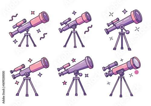 Six cartoon illustrations showcase telescopes on tripods, each with unique star and line accents.