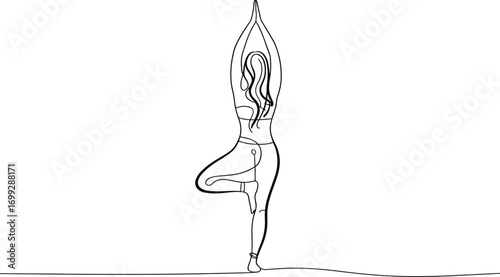 Line drawing of a woman in a tree pose yoga asana
