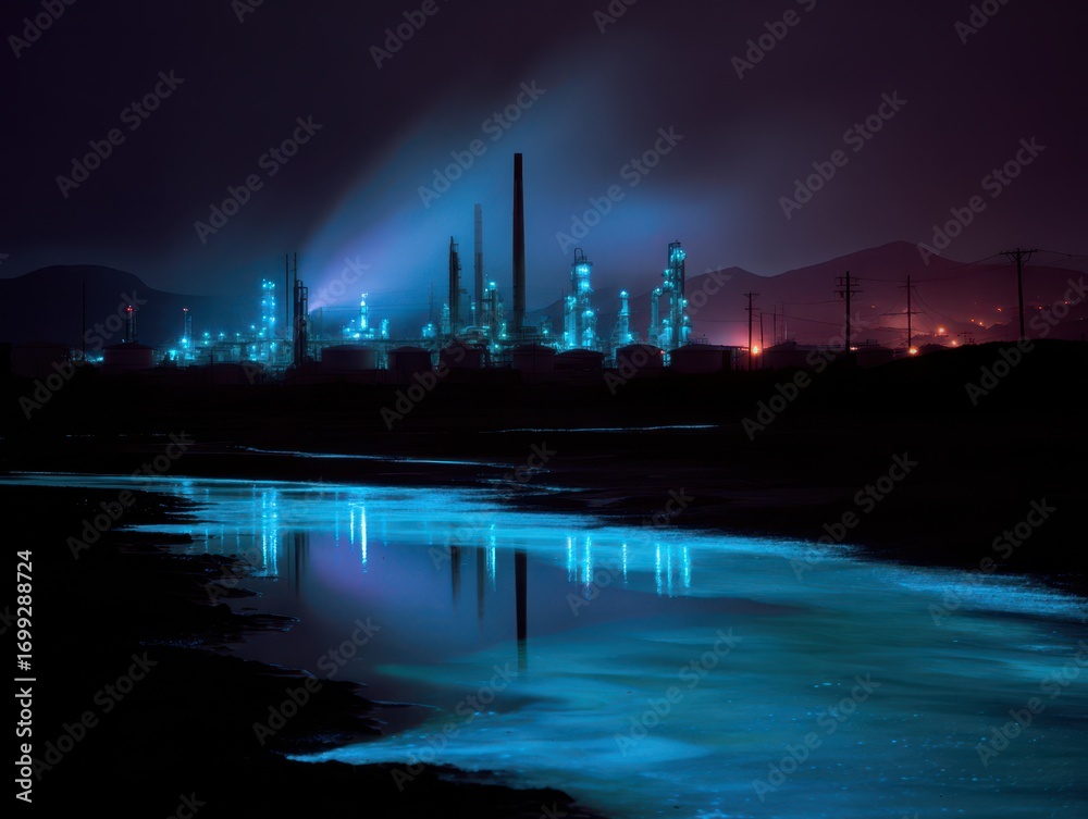 Fototapeta premium A night view of an industrial complex illuminated with blue lights, reflecting on water, surrounded by mountains and a dark sky.