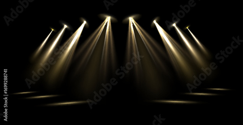 Vector Stage Lighting Effects Set of Concert Spotlights with Glowing Beams, Realistic Light Sources for Event Designs, Party Posters, Web Banners and Transparent Background