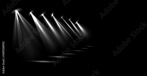 Vector Stage Lighting Effects Set of Concert Spotlights with Glowing Beams, Realistic Light Sources for Event Designs, Party Posters, Web Banners and Transparent Background