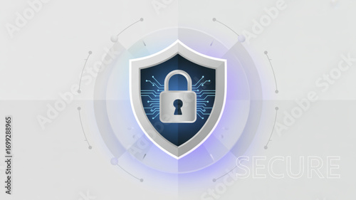 Cybersecurity shield with padlock for data protection and network security concept design illustration