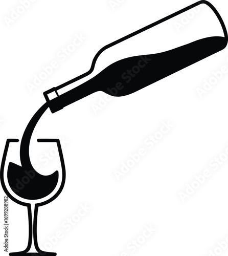 Black and white illustration of wine being poured from a bottle into a glass